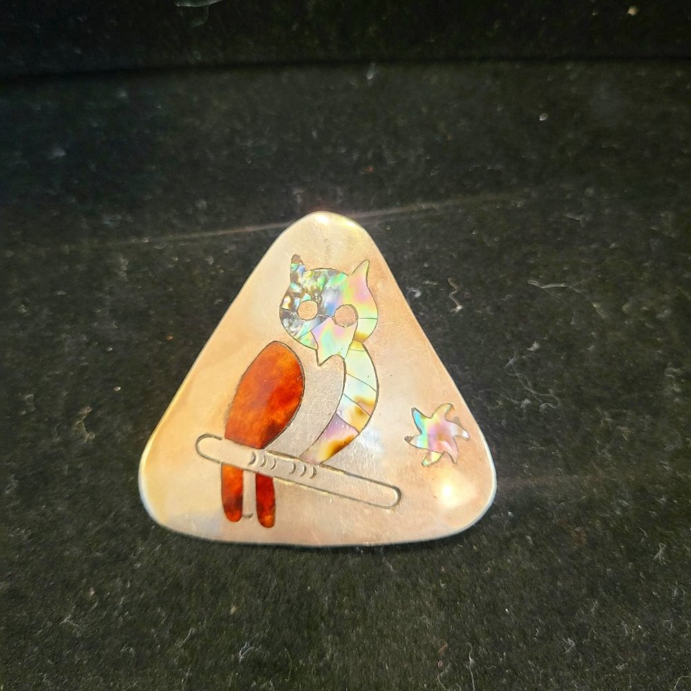 Vintage 925 Sterling Silver Abalone Shell Inlay Owl Triangle Brooch/Pendant